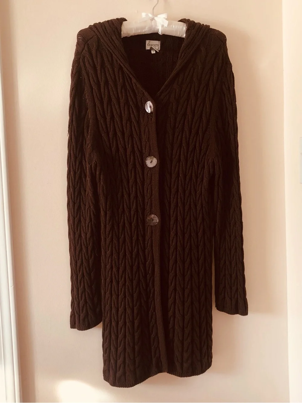 Chico's Brown Silk Cotton Cable Knit Hooded Cardigan Sweater Size 3 XL EUC